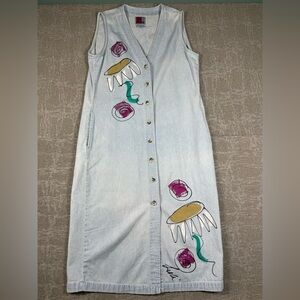 Vintage Sun Belt Denim Button Down Boho Painted Sleeveless Midi Dress USA M